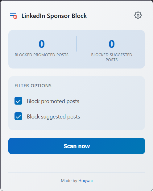 Linkedin Sponsor Block extension popup showing blocked sponsored posts counter and toggle
