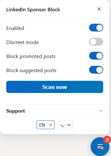 Linkedin Sponsor Block userscript floating panel on Linkedin feed